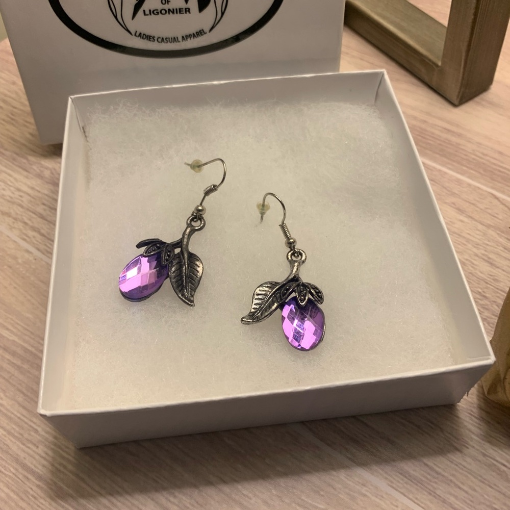 Purple Stone Leaf Drop Earrings - Picture 2 of 6